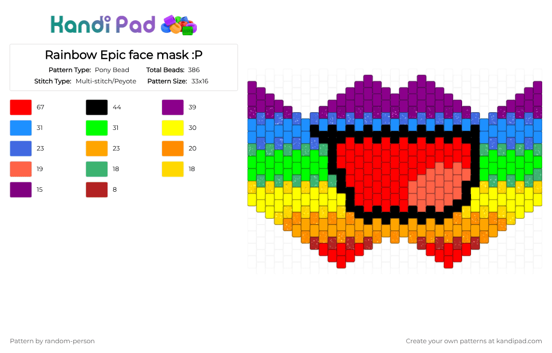 Rainbow Epic face mask :P - Pony Bead Pattern by random-person on Kandi Pad - pink,green,yellow,red