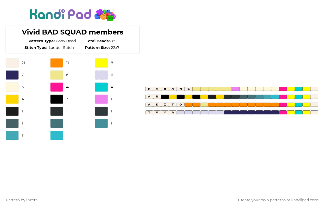 Vivid BAD SQUAD members - Pony Bead Pattern by ruihatoumow0-_yobu on Kandi Pad - white,yellow,orange,purple,vivid bad squad,vbs,pjsk,project sekai,hatsune miku