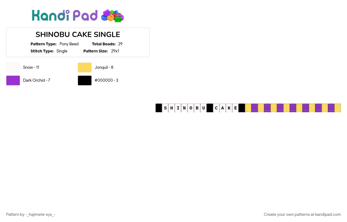 SHINOBU CAKE SINGLE - Pony Bead Pattern by -_hajimete-sys_- on Kandi Pad - ensemble stars, enstars, purple, ryusei yellow, ryuseitai, shinobu, shinobu sengoku, star maker production, starpro, yellow