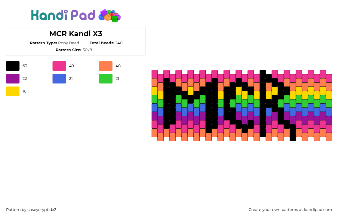 MCR Kandi X3 - Pony Bead Pattern by caseycryptidx3 on Kandi Pad - my chemical romance,band,music,emo,rainbow,cuff,fandom,alternative,pink