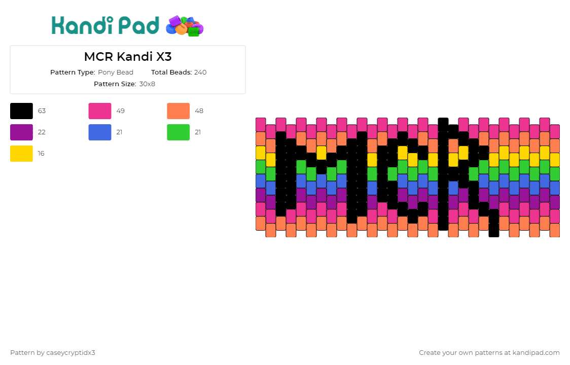 MCR Kandi X3 - Pony Bead Pattern by caseycryptidx3 on Kandi Pad - my chemical romance,band,music,emo,rainbow,cuff,tribute,fandom,alternative,pink