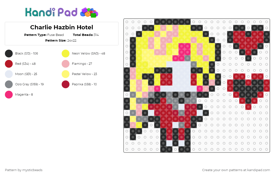 Charlie Hazbin Hotel - Fuse Bead Pattern by mysticbeads on Kandi Pad - yellow,red,hazbin hotel,charlie hazbin,charlie morningstar,charlie