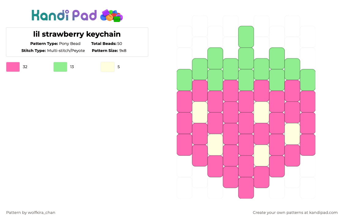 lil strawberry keychain - Pony Bead Pattern by kira_wolfchan on Kandi Pad - cute, green, keychan, little, pink, pony, strawberry, teal, yellow