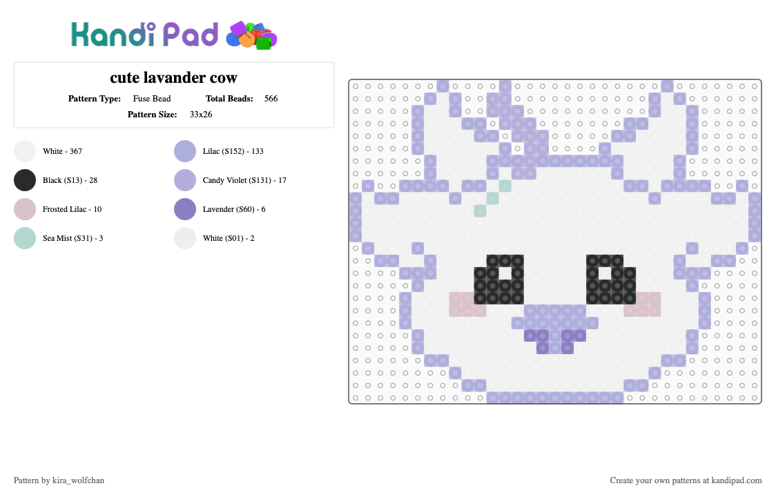 cute lavander cow - Fuse Bead Pattern by kira_wolfchan on Kandi Pad - white,pink