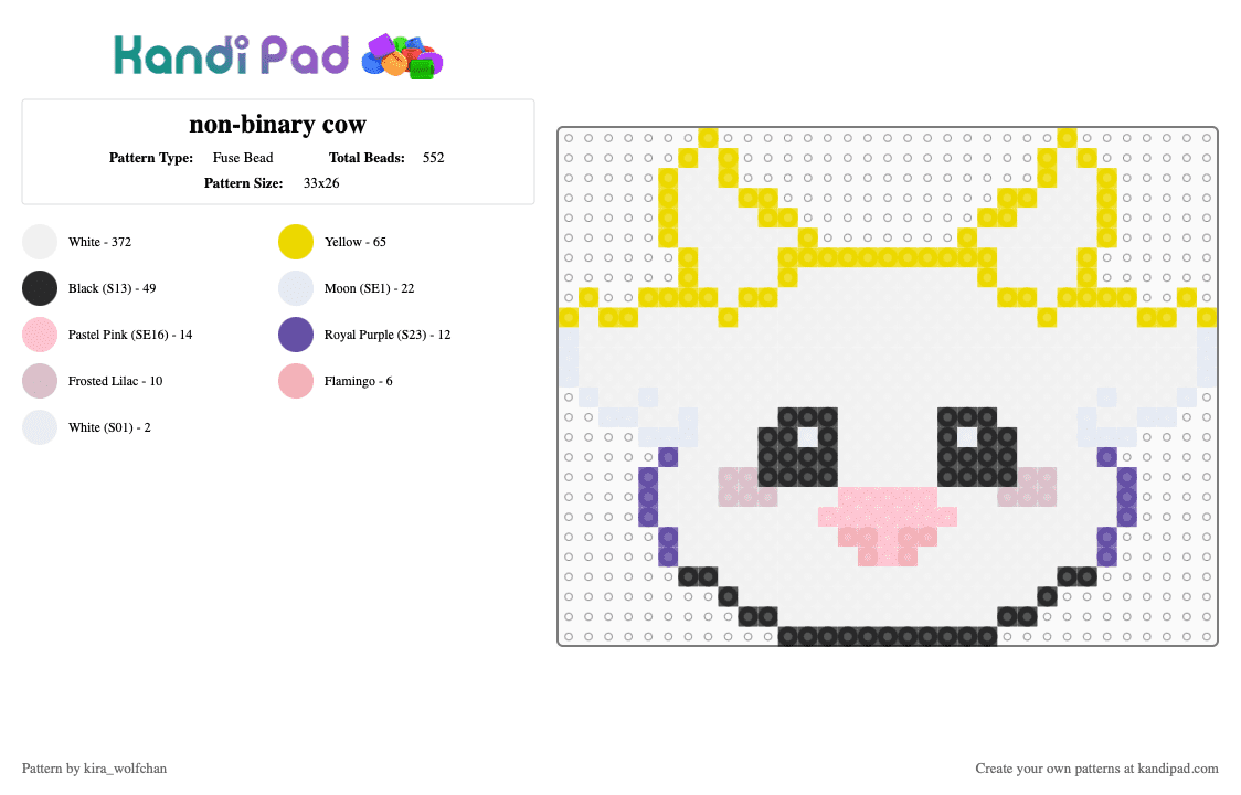 non-binary cow - Fuse Bead Pattern by kira_wolfchan on Kandi Pad - white, yellow