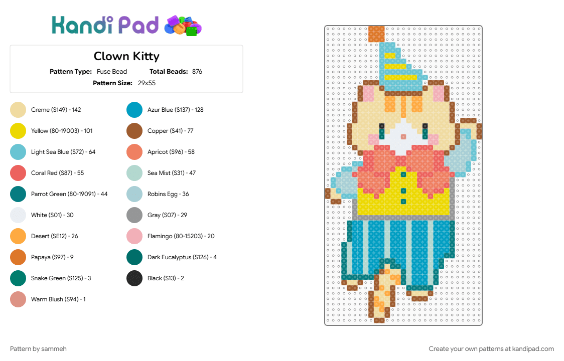 Clown Kitty - Fuse Bead Pattern by sammeh on Kandi Pad - animal, beige, cat, circus, clown, dance, funny, kitty, kitty cat, light blue, orange, yellow