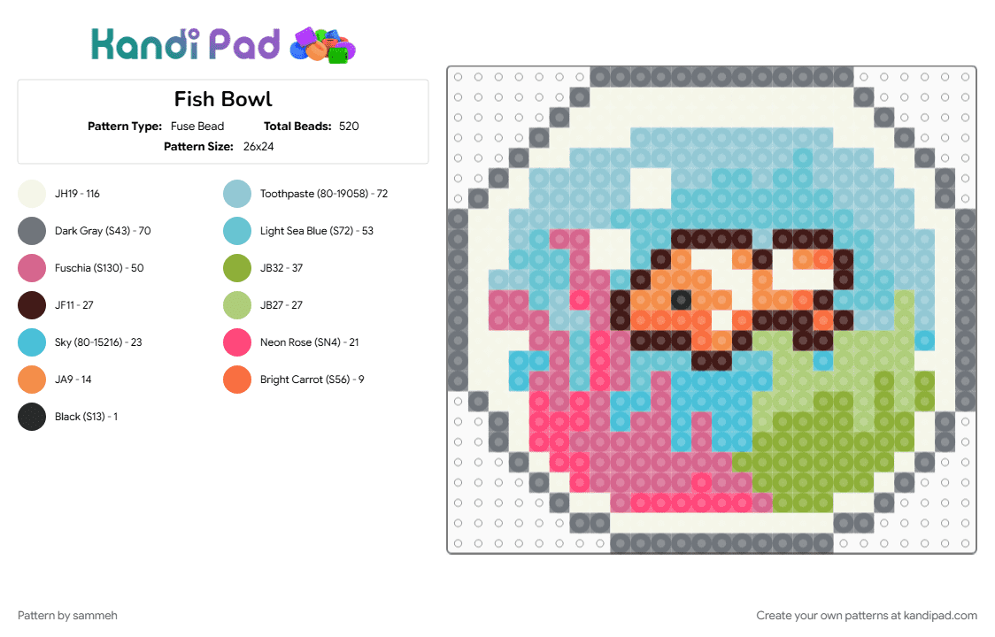 Fish Bowl - Fuse Bead Pattern by sammeh on Kandi Pad - animal, character, colourful, cute, fish, fish bowl, gray, green, kawaii, light blue, small