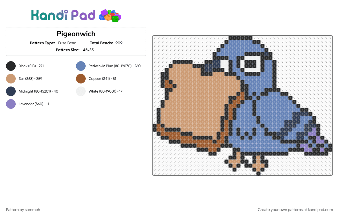 Pigeonwich - Fuse Bead Pattern by sammeh on Kandi Pad - animal, animals, beige, bird, blue, cotdbirds, cute, funny, pigeon, sandwich
