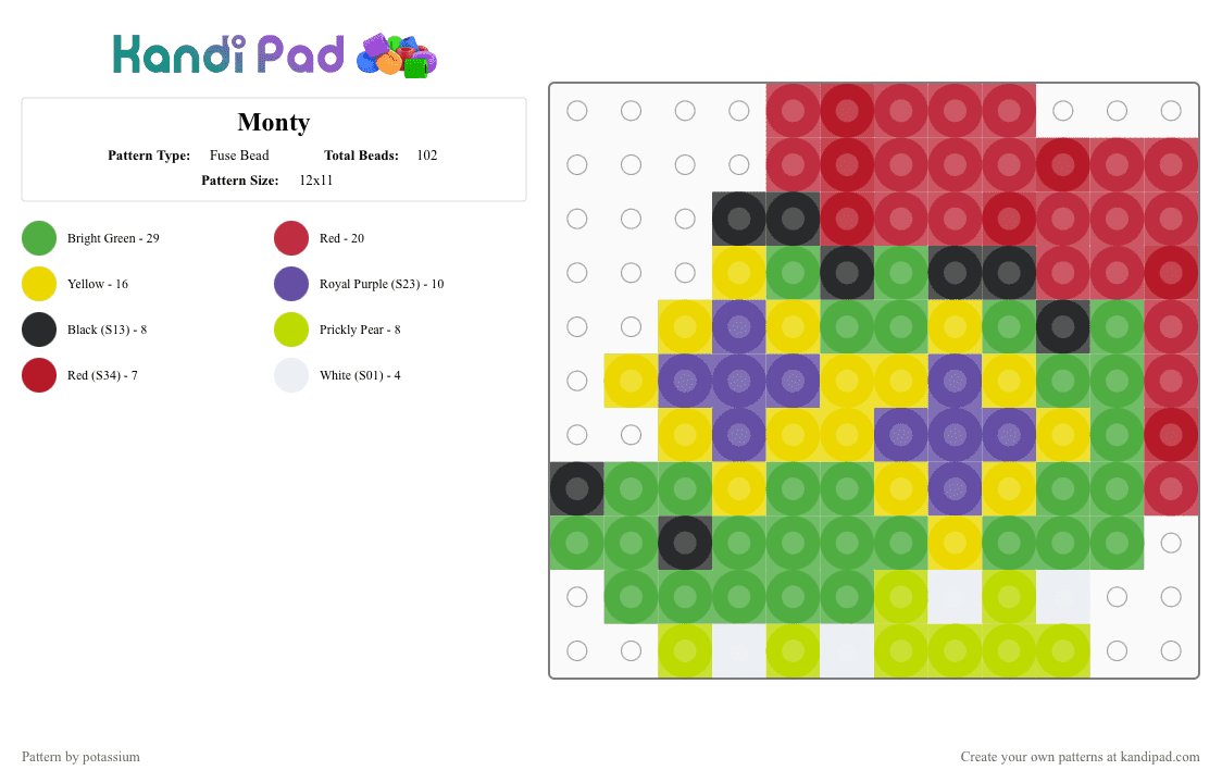 Monty - Fuse Bead Pattern by potassium on Kandi Pad - green,red,fnaf,security breach,montgomery gator