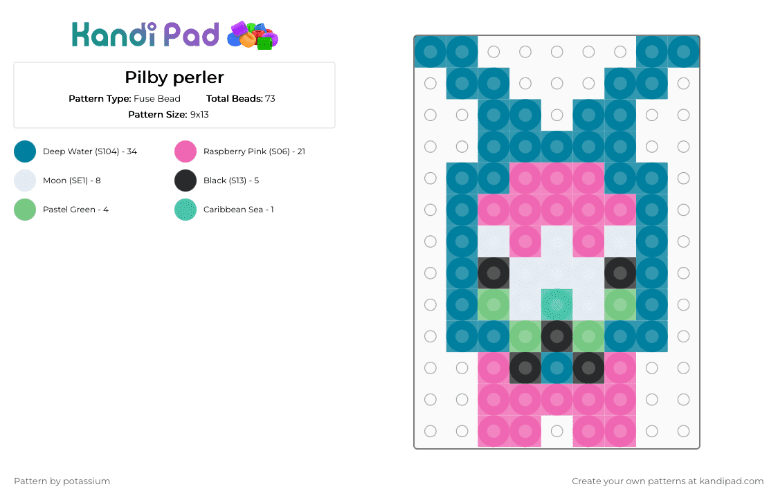 Pilby perler - Fuse Bead Pattern by potassium on Kandi Pad - pink,teal,pilby,regretevator,caterpillar,clown