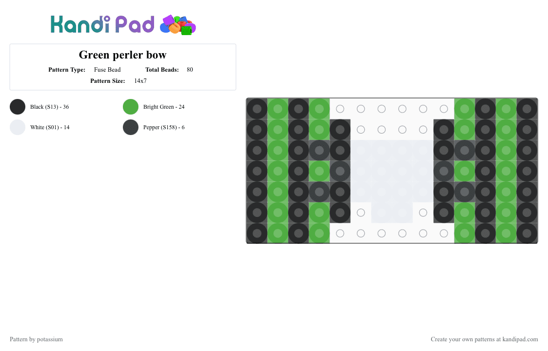 Green perler bow - Fuse Bead Pattern by potassium on Kandi Pad - green,white,bow,skull,scene