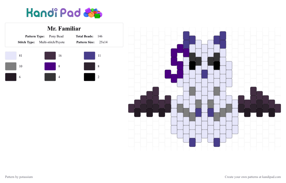 Mr. Familiar - Pony Bead Pattern by potassium on Kandi Pad - white,purple,brown,mr familiar,mr kalego,irumas familiar,bird,iruma kun