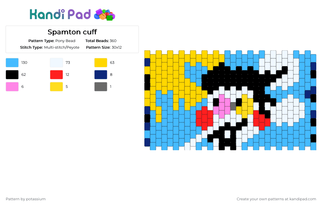 Spamton cuff - Pony Bead Pattern by potassium on Kandi Pad - yellow,light blue,big shot,spamton,spamtenna,pink and yellow,old man yaoi,yaoi,pride month,deltarune