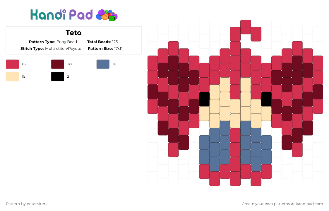 Teto - Pony Bead Pattern by potassium on Kandi Pad - red,teto,kasane teto,baguette