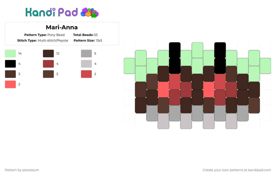Mari-Anna - Pony Bead Pattern by potassium on Kandi Pad - brown,teal,alien,marianna,meeleeniacs