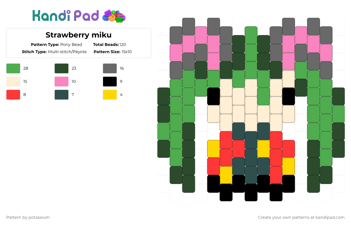 Strawberry miku - Pony Bead Pattern by potassium on Kandi Pad - gray,beige,green,miku,every miku is canon,strawberry,strawberry miku