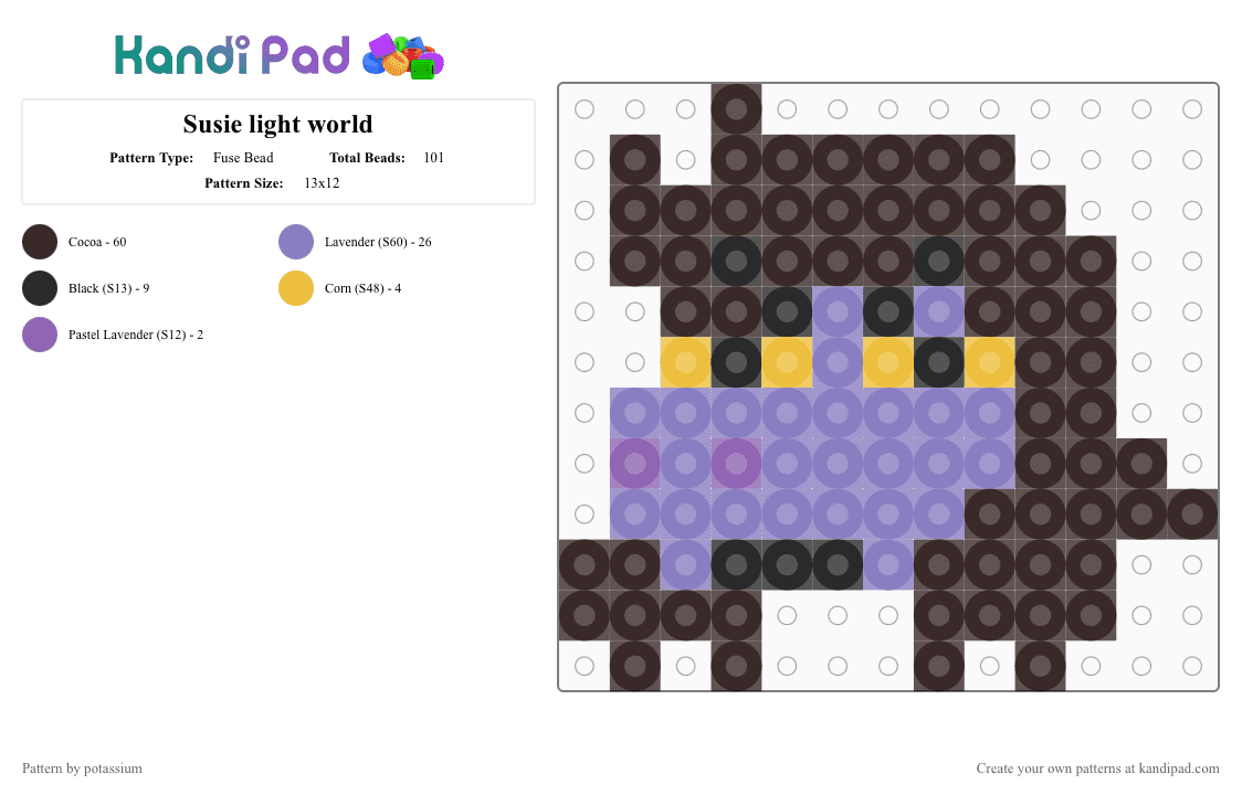 Susie light world - Fuse Bead Pattern by potassium on Kandi Pad - barney the dinosaur, brown, deltarune, susie, susie light world, yuri