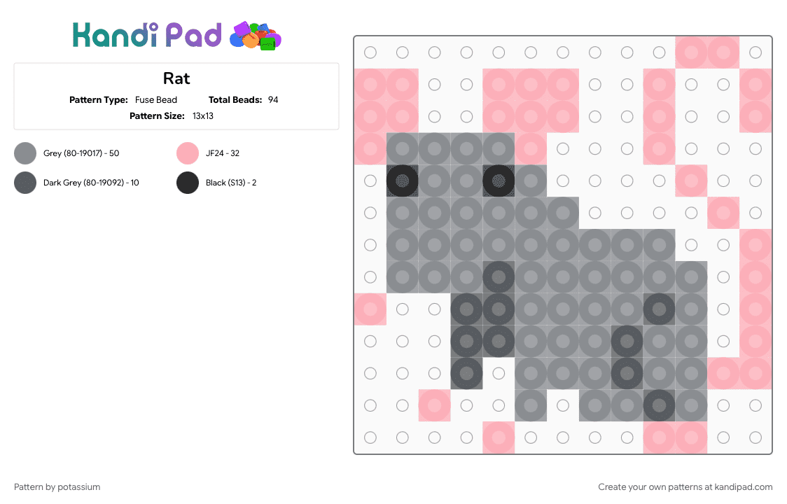 Rat 🐀 - Fuse Bead Pattern by potassium on Kandi Pad - cheese, gray, pink, rat, silly