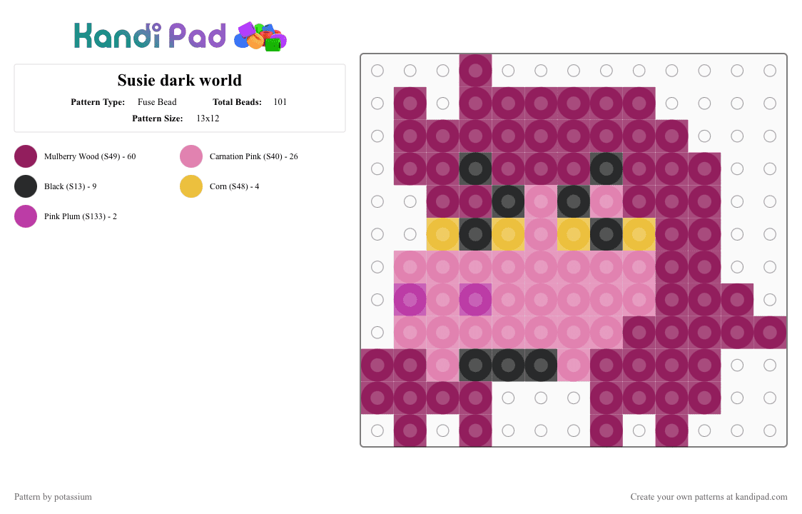 Susie dark world - Fuse Bead Pattern by potassium on Kandi Pad - barney the dinosaur, deltarune, pink, susie, susie dark world, yuri