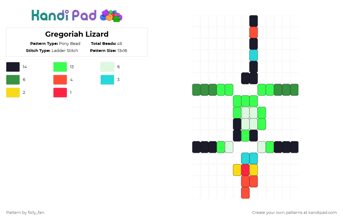 Gregoriah Lizard - Pony Bead Pattern by folly_fan on Kandi Pad - green,gregoriah,regretevator,gregoriah regretevator,lizard