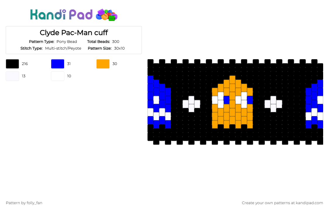 Clyde Pac-Man cuff - Pony Bead Pattern by folly_fan on Kandi Pad - black,purple,orange,pacman,clyde,cuff,ghost