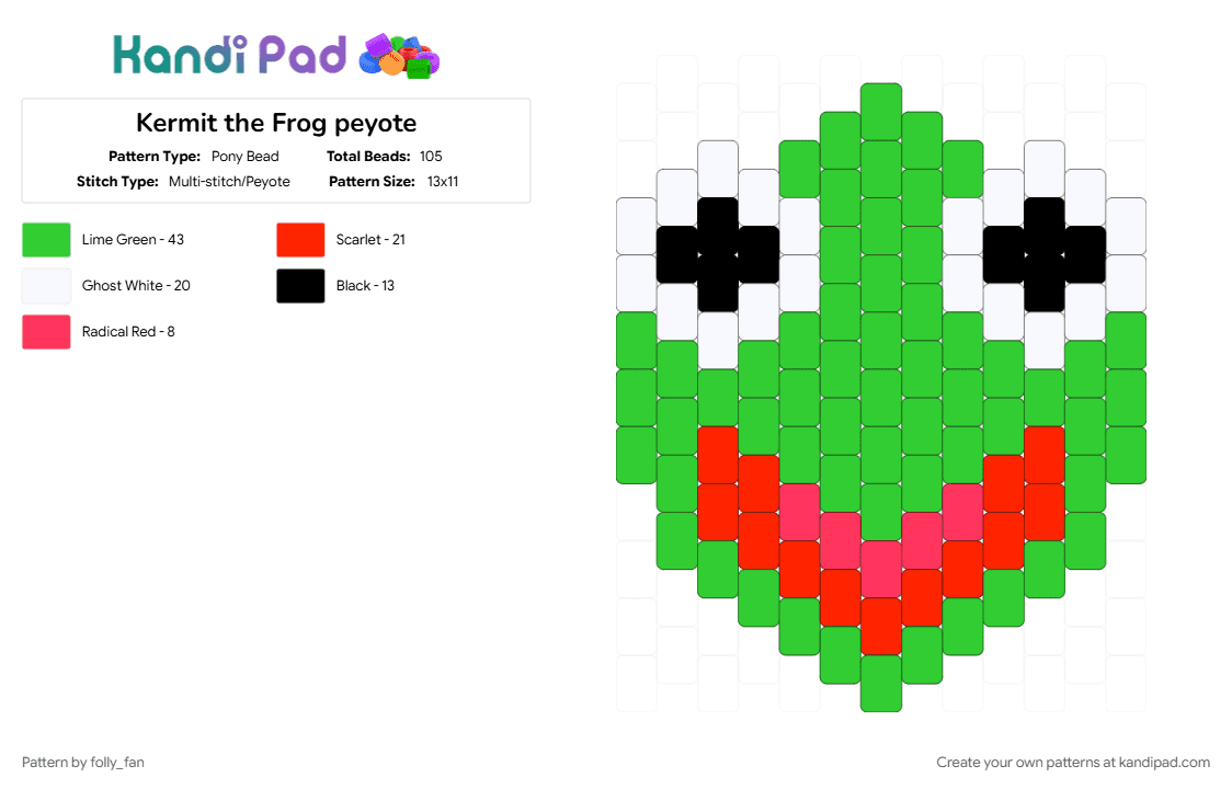 Kermit the Frog peyote - Pony Bead Pattern by folly_fan on Kandi Pad - frog, green, kermit the frog, the muppets