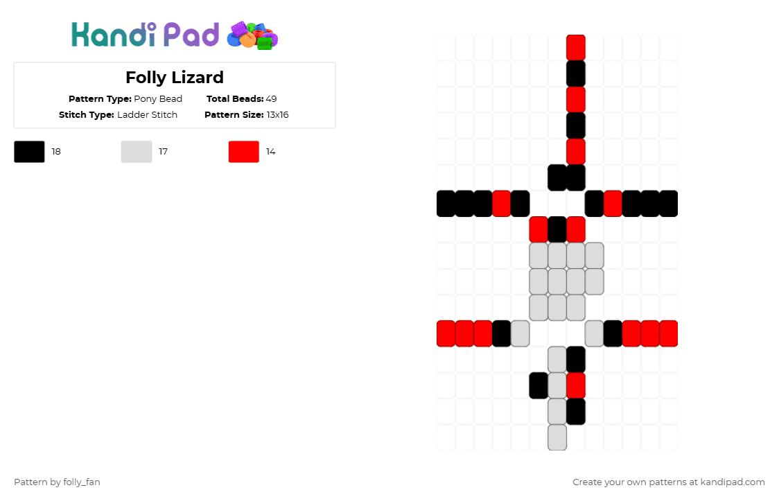 Folly Lizard - Pony Bead Pattern by folly_fan on Kandi Pad - white,red,folly regretevator,folly,regretevator,lizard
