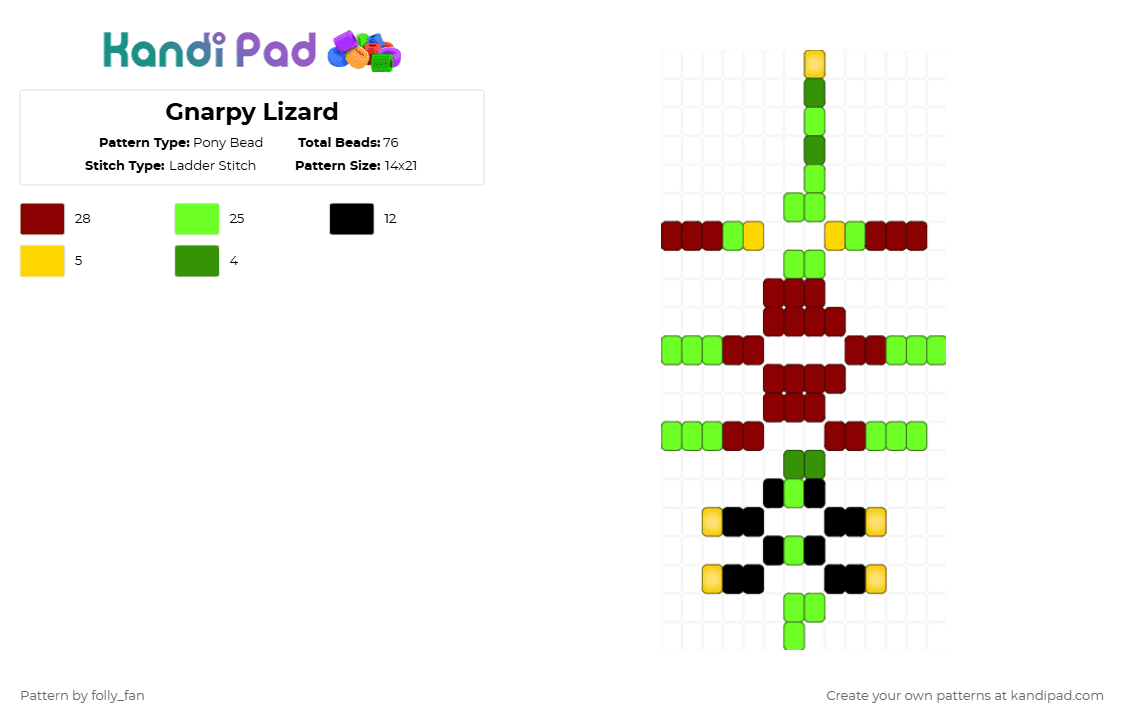 Gnarpy Lizard - Pony Bead Pattern by folly_fan on Kandi Pad - green,red,gnarpy,regretevator,gnarpy regretevator,lizard