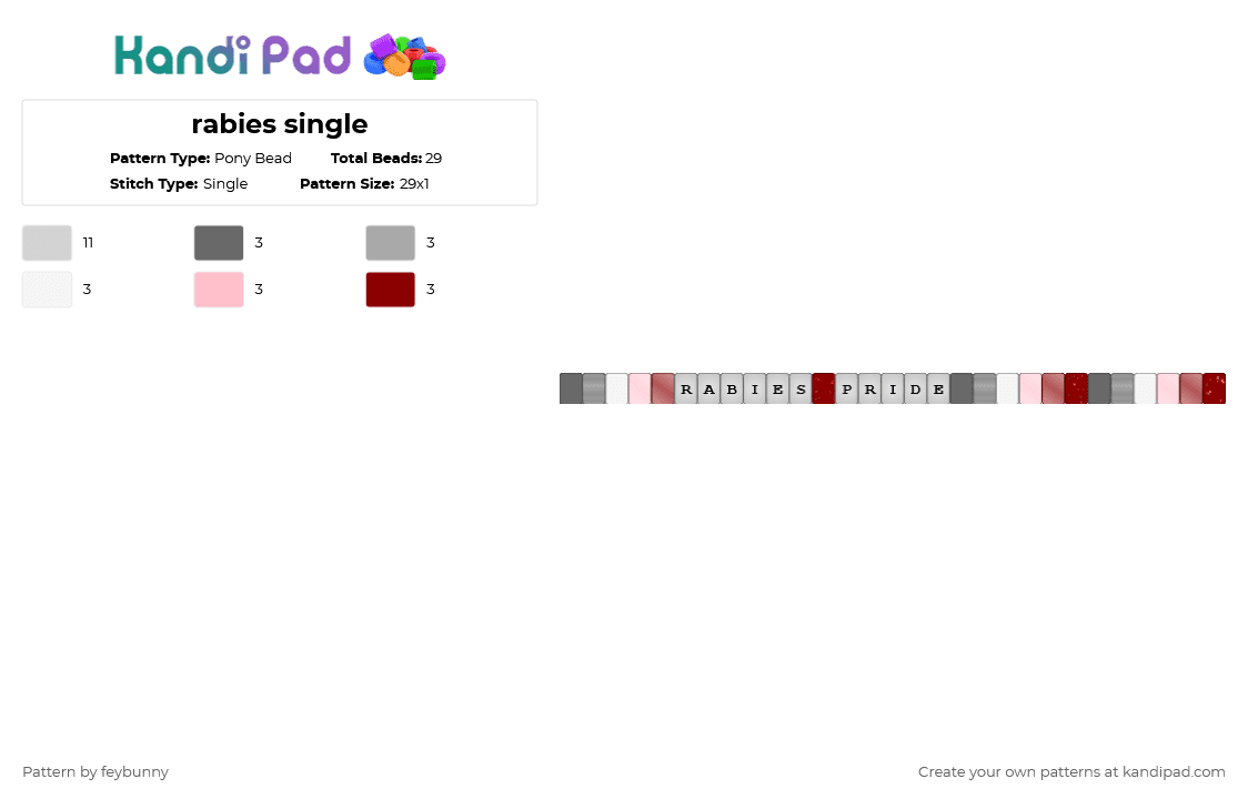rabies single - Pony Bead Pattern by feybunny on Kandi Pad - white,red,rabies,rabies pride,furry