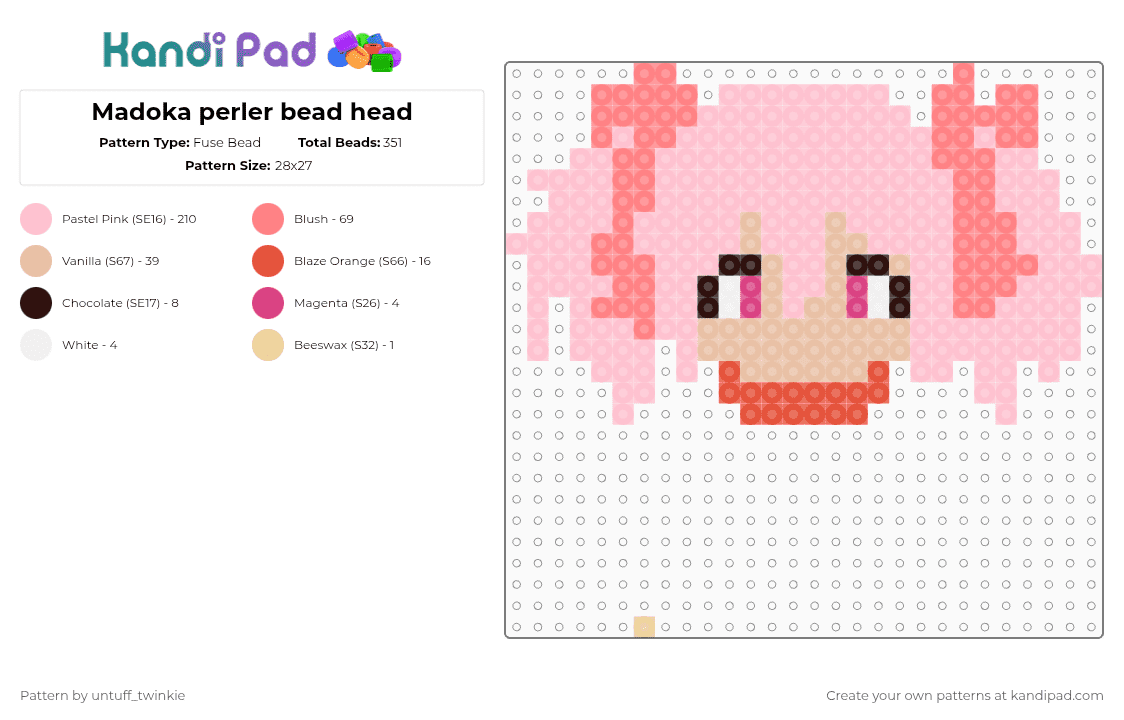 Madoka perler bead head - Fuse Bead Pattern by untuff_twinkie on Kandi Pad - red,pink