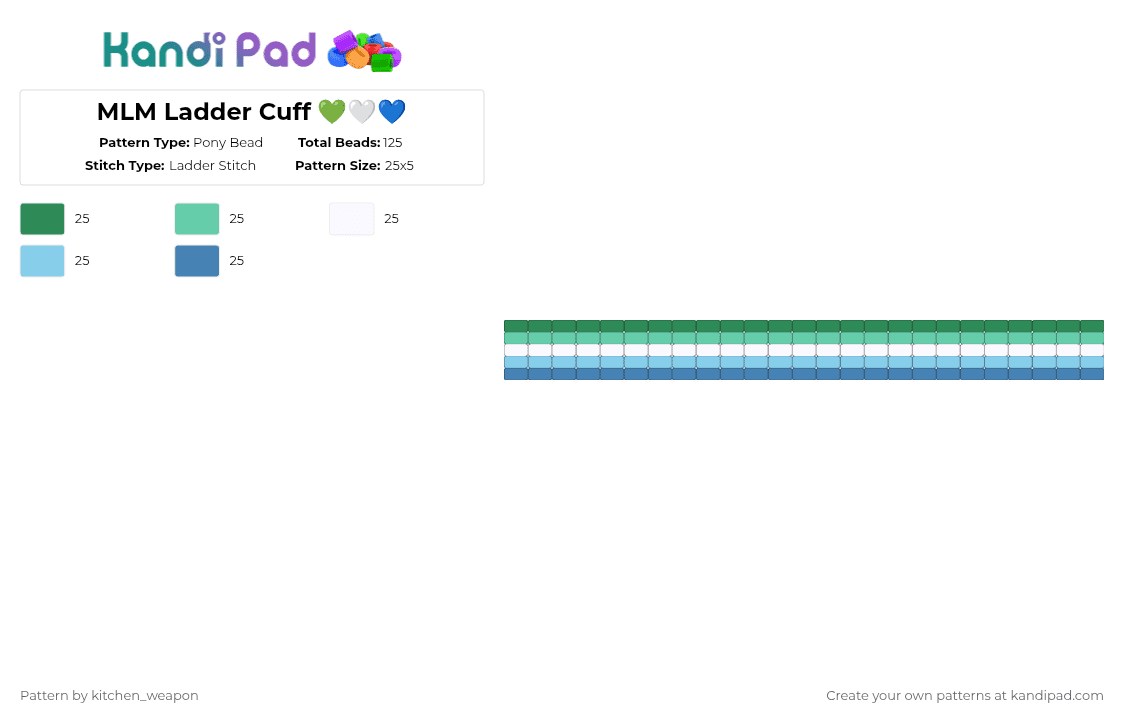 MLM Ladder Cuff 💚🤍💙 - Pony Bead Pattern by candy-mars on Kandi Pad - green,teal,light blue,blue