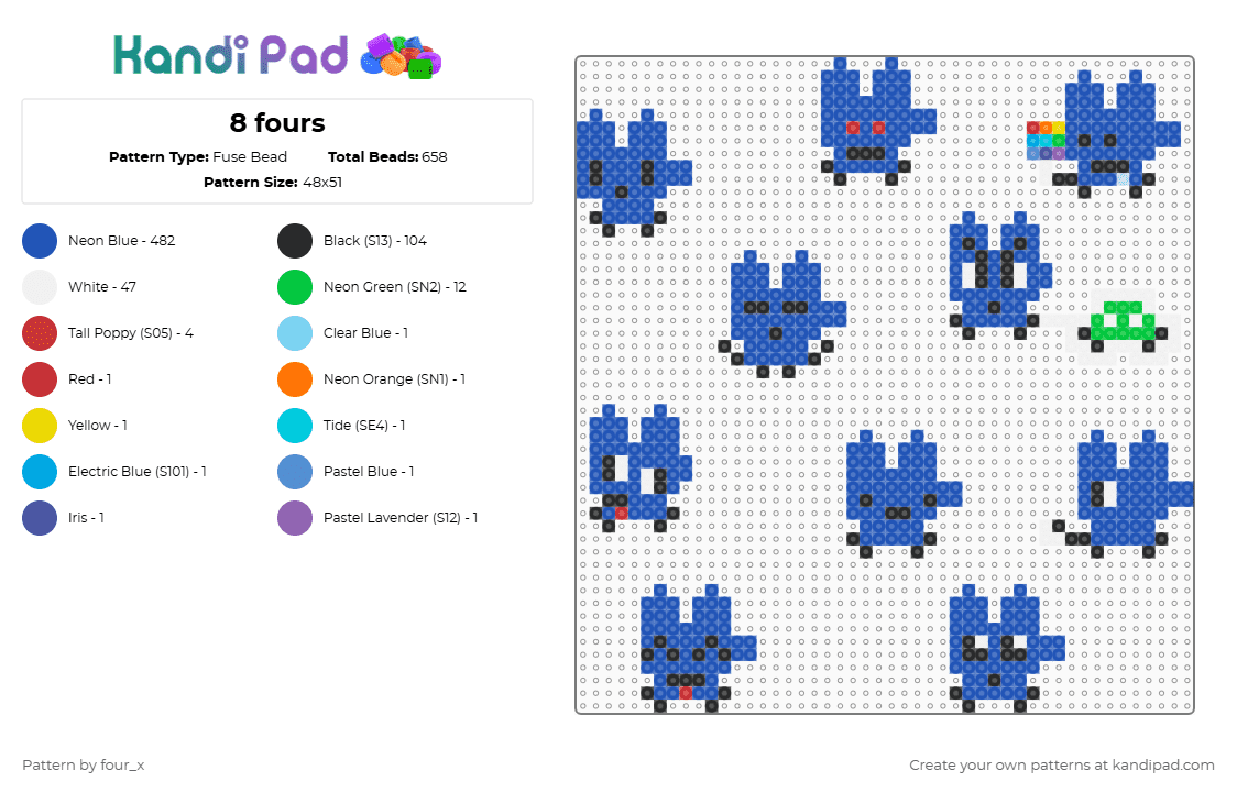 8 fours - Fuse Bead Pattern by four_x on Kandi Pad - blue,four,four bfb,bfdi,four tpot,tpot,bfb,four charm,four kandi charm