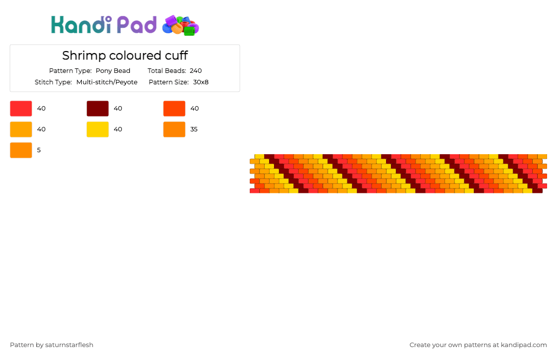 Shrimp coloured cuff - Pony Bead Pattern by saturnstarflesh on Kandi Pad - orange,red,shrimp,yellow,food,dark red,fade,rawr