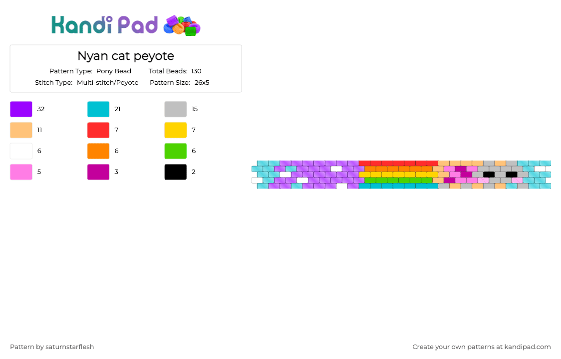Nyan cat peyote - Pony Bead Pattern by saturnstarflesh on Kandi Pad - beige,orange,teal,purple,nyan cat,cat,rainbow,space,pop tartt,cute,kawaii,pink