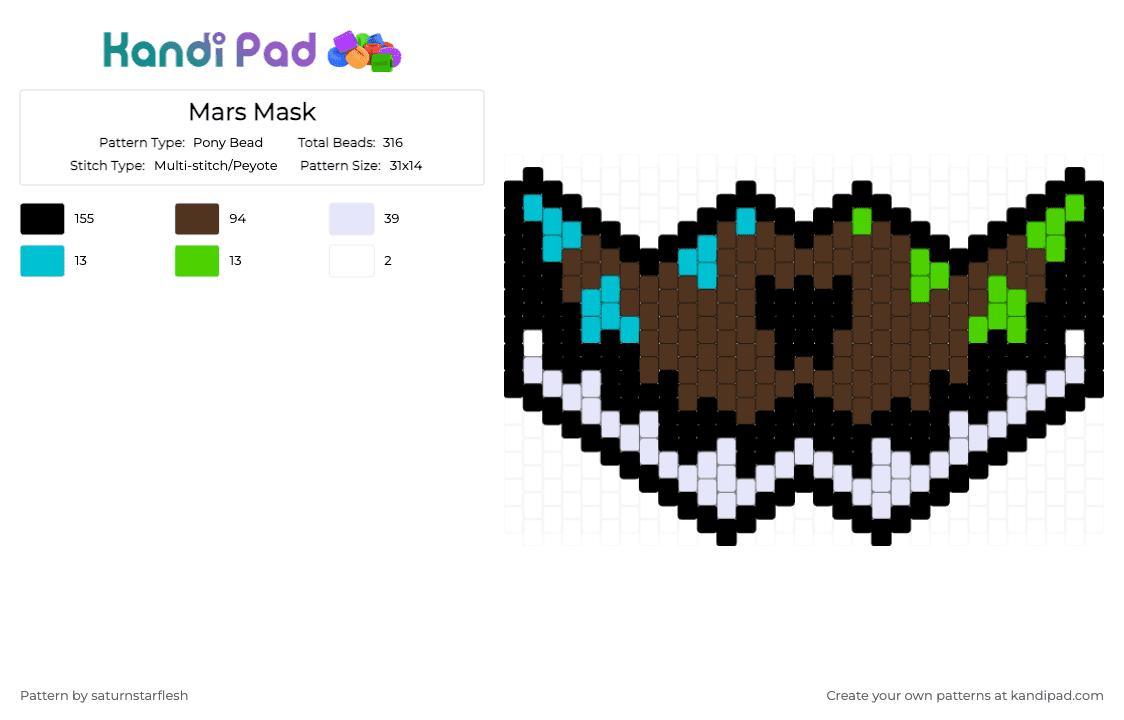 Mars Mask - Pony Bead Pattern by saturnstarflesh on Kandi Pad - black, blue, brown, fang, green, halloween, mask, werewolf, wolf