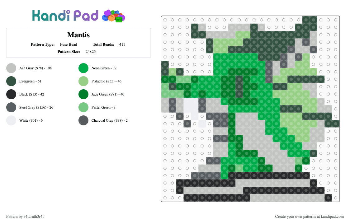 Mantis - Fuse Bead Pattern by saturnstarflesh on Kandi Pad - beige, dragon puppet, gray, green, leafwing, oc, rainwing, wof