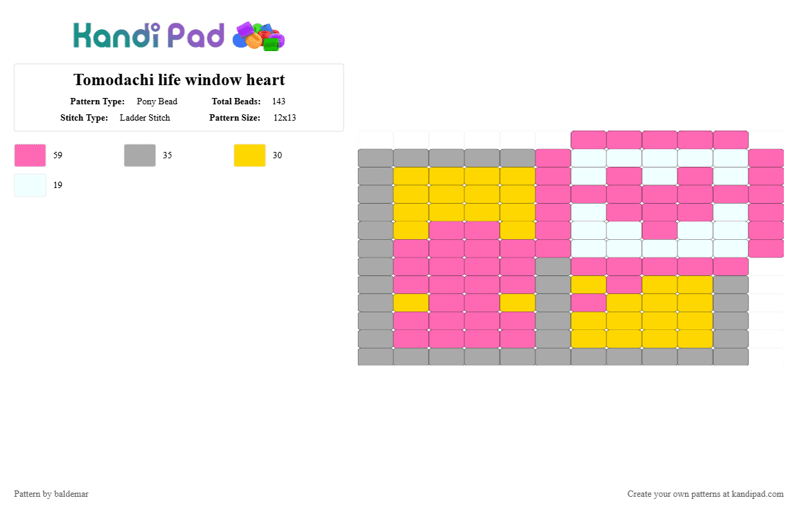 Tomodachi life window heart - Pony Bead Pattern by baldemar on Kandi Pad - pink,tomodachi life