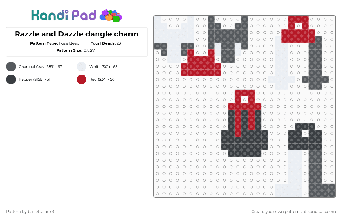 Razzle and Dazzle dangle charm - Fuse Bead Pattern by banettefanx3 on Kandi Pad - gray,red,dandys world,dw,rnd,razzle and dazzle,charm,dangle charm,rnd charm,rizz and dizz