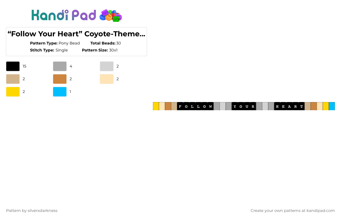 “Follow Your Heart” Coyote-Themed Bracelet 2.0 - Pony Bead Pattern by silverxdarkness on Kandi Pad - black,beige