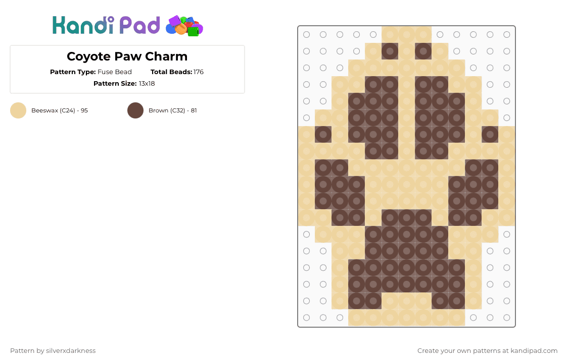 Coyote Paw Charm - Fuse Bead Pattern by silverxdarkness on Kandi Pad - beige,brown