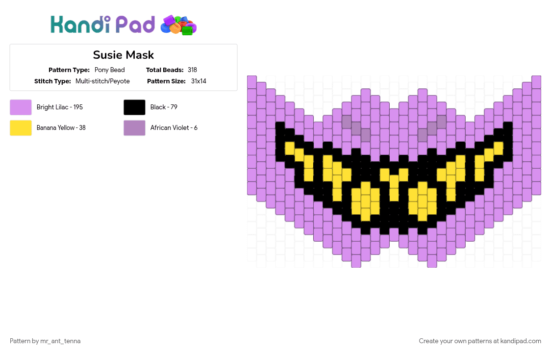 Susie Mask - Pony Bead Pattern by mr_ant_tenna on Kandi Pad - deltarune, deltarune mask, mask, pink, susie, susie deltarune mask, susie detarune, susie mask, toby fox