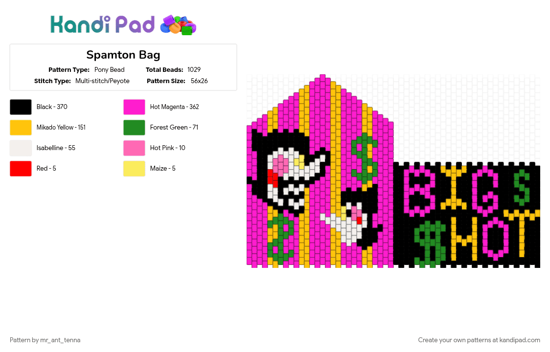 Spamton Bag - Pony Bead Pattern by mr_ant_tenna on Kandi Pad - big shot, big shot bag, deltarune, deltarune bag, pink, spamton, spamton bag, spamton deltarune, spamton deltarune bag, yellow
