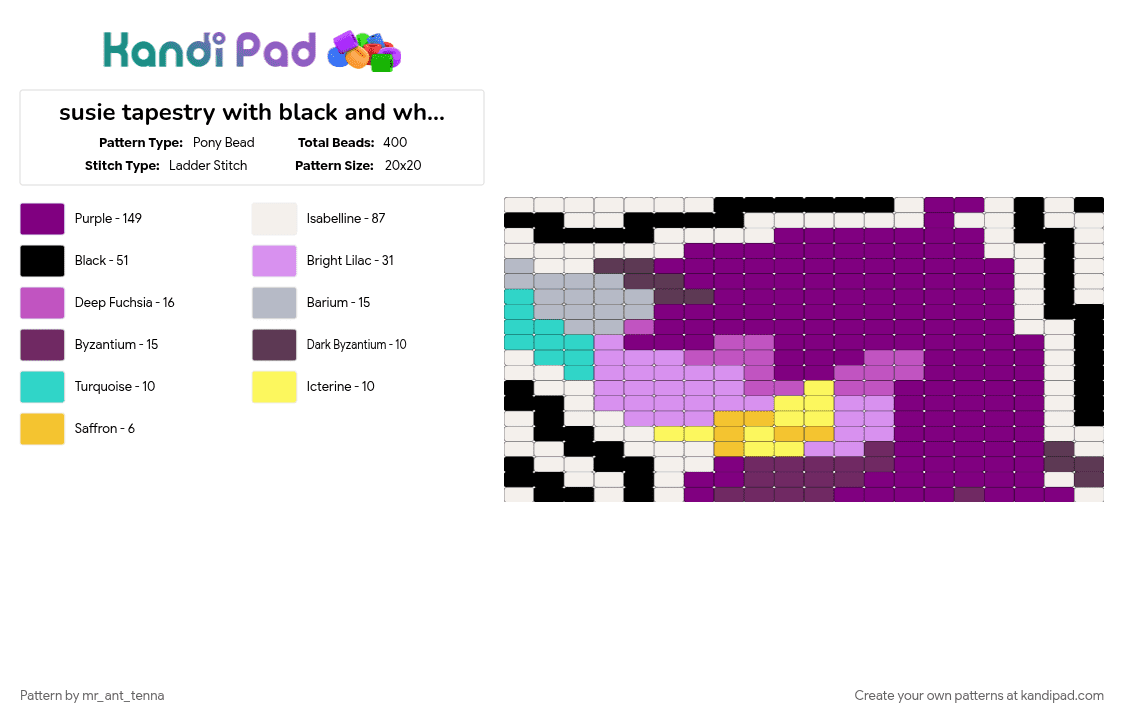susie tapestry with black and white backround - Pony Bead Pattern by mr_ant_tenna on Kandi Pad - deltarune, pink, susie, susie dektarune, tapestry