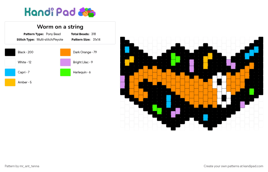 Worm on a string - Pony Bead Pattern by mr_ant_tenna on Kandi Pad - black, orange