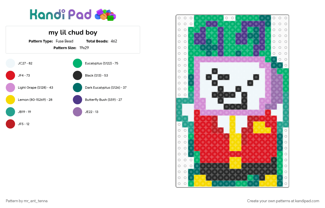 my lil chud boy - Fuse Bead Pattern by mr_ant_tenna on Kandi Pad - character, deltarune, green, lil chud, pink, red, teal, tenna, tenna deltarune