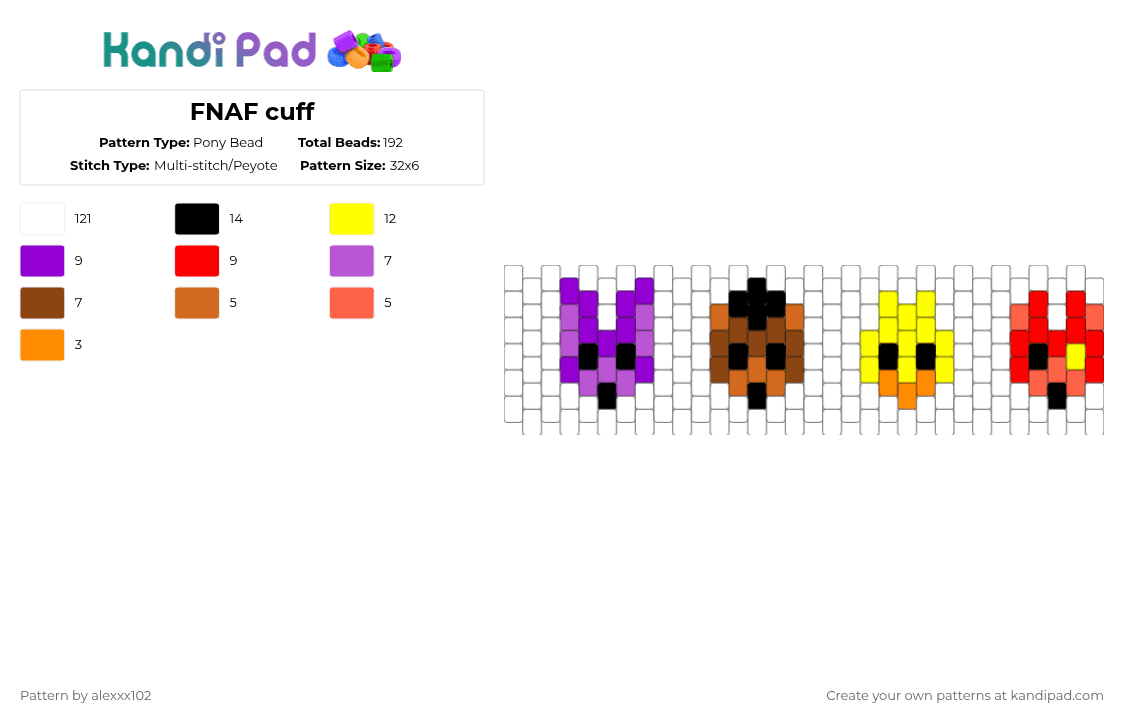 FNAF cuff - Pony Bead Pattern by alexxx102 on Kandi Pad - white,red,yellow,fnaf