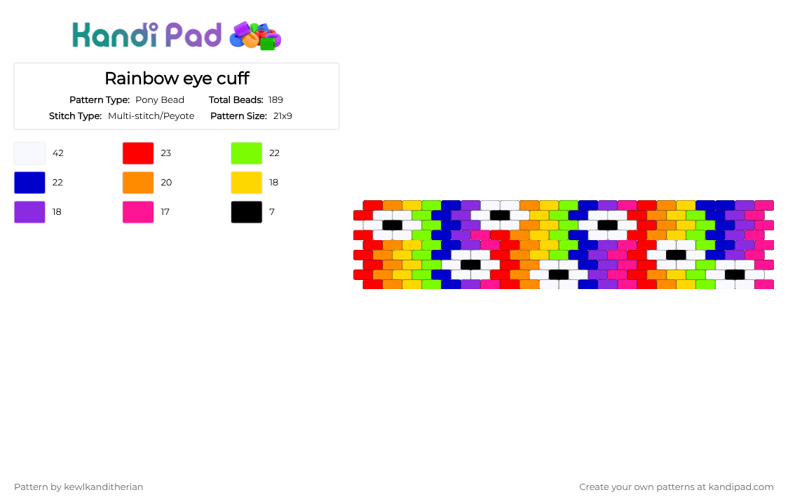 Rainbow eye cuff - Pony Bead Pattern by kewlkanditherian on Kandi Pad - black, brick, cuff, eyes, green, peyote, pride, purple, rainbow, red, weirdcore