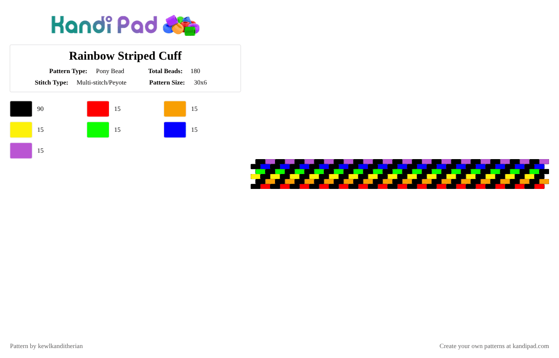 Rainbow Striped Cuff - Pony Bead Pattern by kewlkanditherian on Kandi Pad - black,orange,green,pink,colorful,scene,emo,rainbow,stripes,pride,peyote,brick stitch