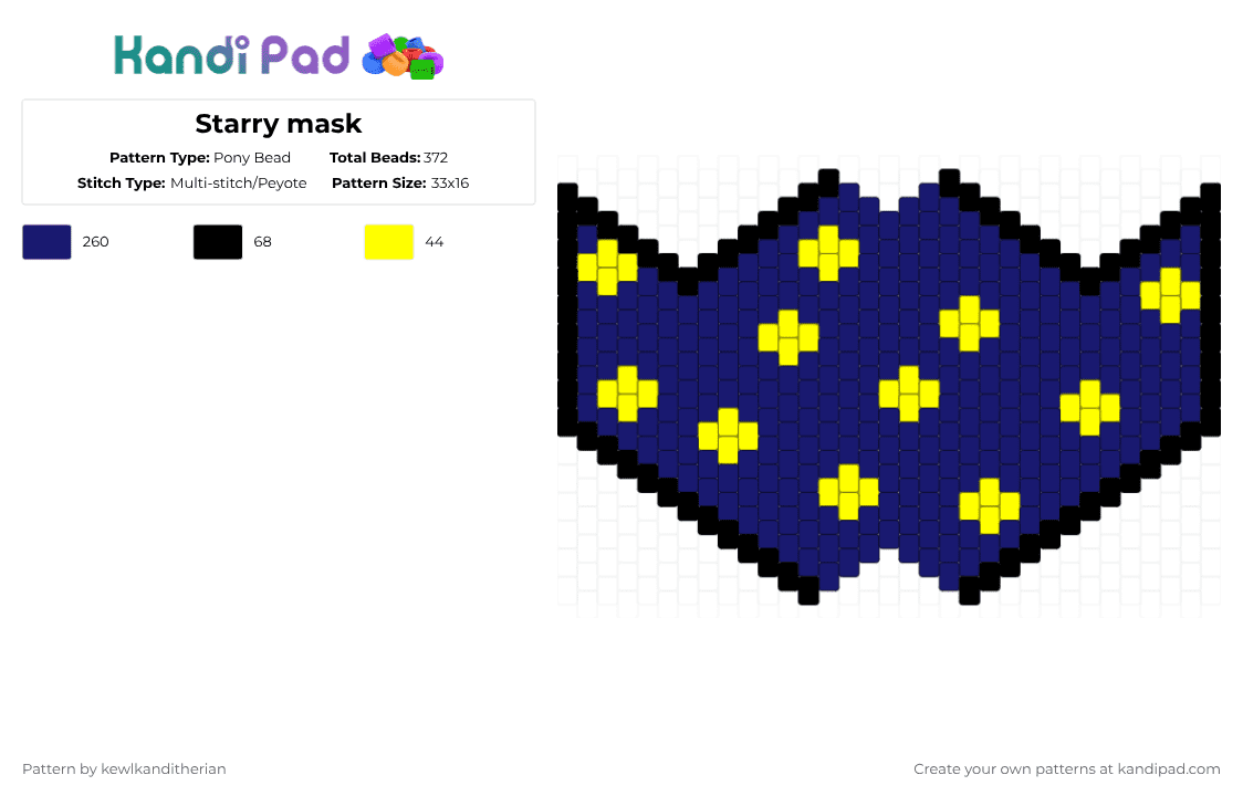Starry mask - Pony Bead Pattern by kewlkanditherian on Kandi Pad - purple,mask,starry,nighttime,cool,pretty,blue,yellow