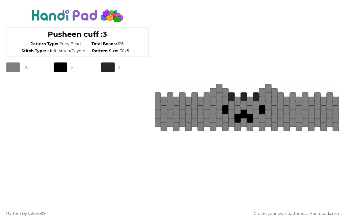 Pusheen cuff :3 - Pony Bead Pattern by tokero99 on Kandi Pad - gray,pusheen,cat,grey,monochrome